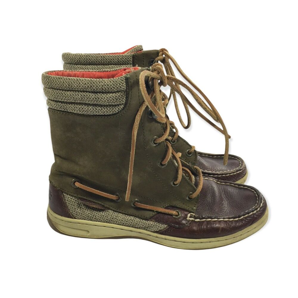 Sperry Top Sider Hiker Fish Ankle Boots Size 6.5 Womens Olive Green Brown Hiking
